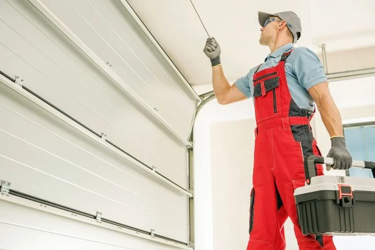 Garage door technician adjusting track and roller for smooth operation in Tallahassee.